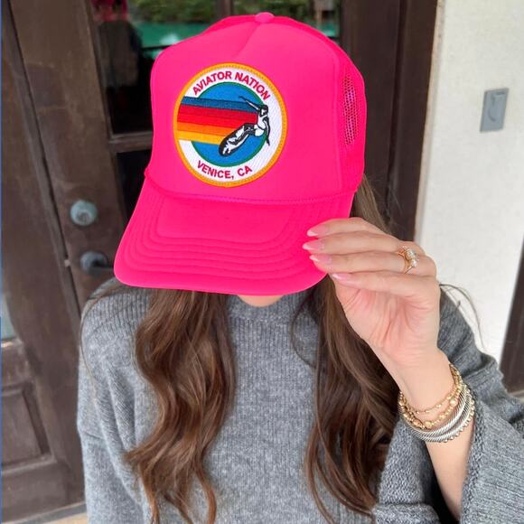 Aviator Nation Signature Venice Vintage Nylon Trucker Hat Neon Pink Logo Patch main image 4